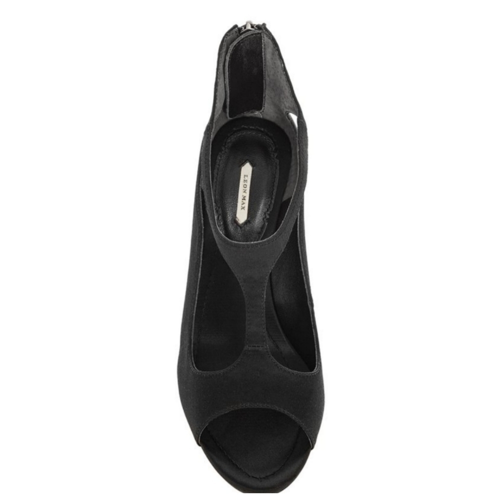 NIB LEON MAX BLACK SATIN ANGLED HEEL AVOW LEATHER T-STRAP WEDGE PUMP - Picture 3 of 16